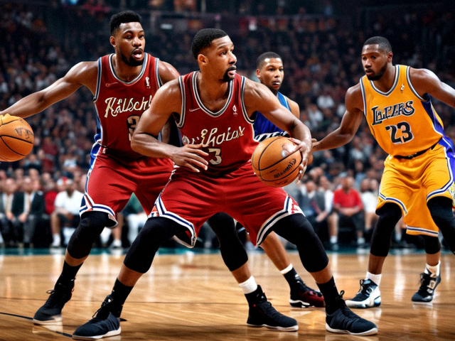 NBA篮球比赛现场，球员持球突破防守队员