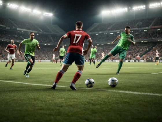 足球赛事中双方球员在绿茵场上展开攻防的画面